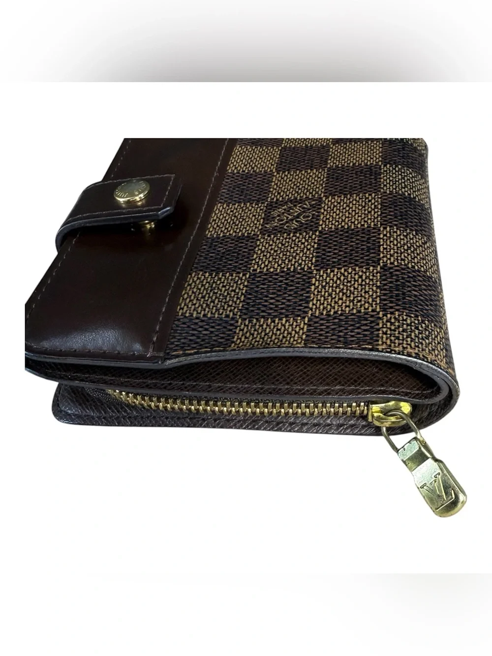 Louis Vuitton Damier Ebene Compact Wallet Brown Leather Snap Zipper Box Dust Bag
